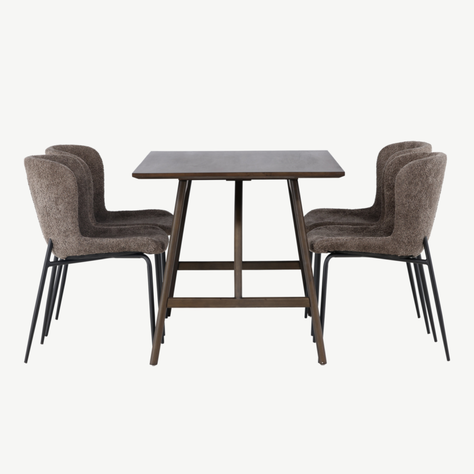 Kaseidon söögilauakomplekt (tumepruun MDF, kummipuu) koos Modesto toolidega (tumehall buklee, mustad metalljalad), GR23862 – 3