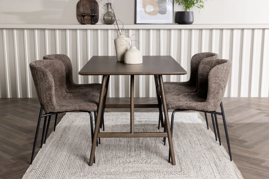 Kaseidon söögilauakomplekt (tumepruun MDF, kummipuu) koos Modesto toolidega (tumehall buklee, mustad metalljalad), GR23862 – 5