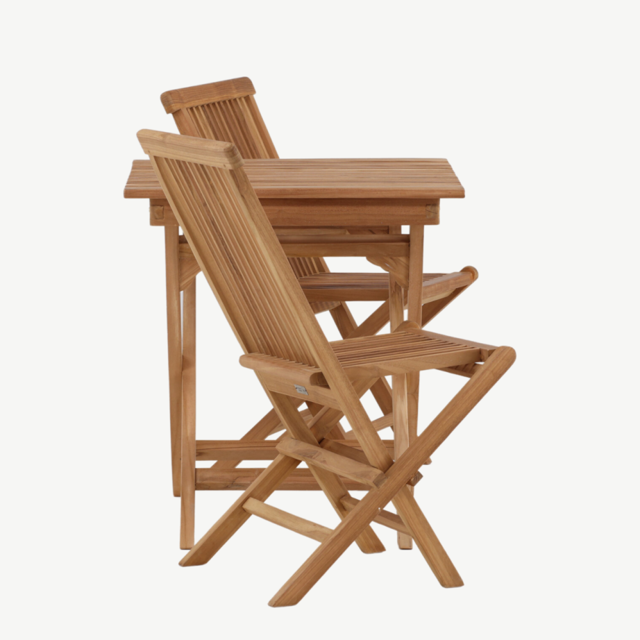 Kokkupandav tiigipuidust aiamööblikomplekt Ghana – laud 70×70cm ja 2 tooli, GR22782 – 2