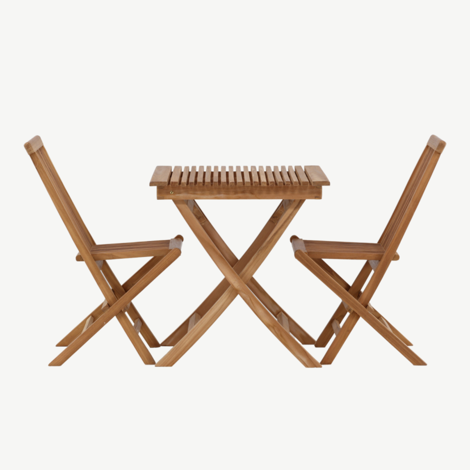 Kokkupandav tiigipuidust aiamööblikomplekt Ghana – laud 70×70cm ja 2 tooli, GR22782 – 4