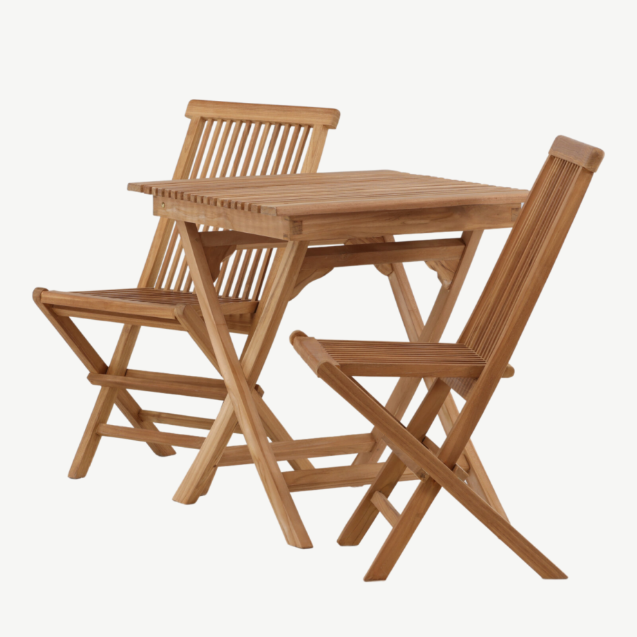 Kokkupandav tiigipuidust aiamööblikomplekt Ghana – laud 70×70cm ja 2 tooli, GR22782 – 6