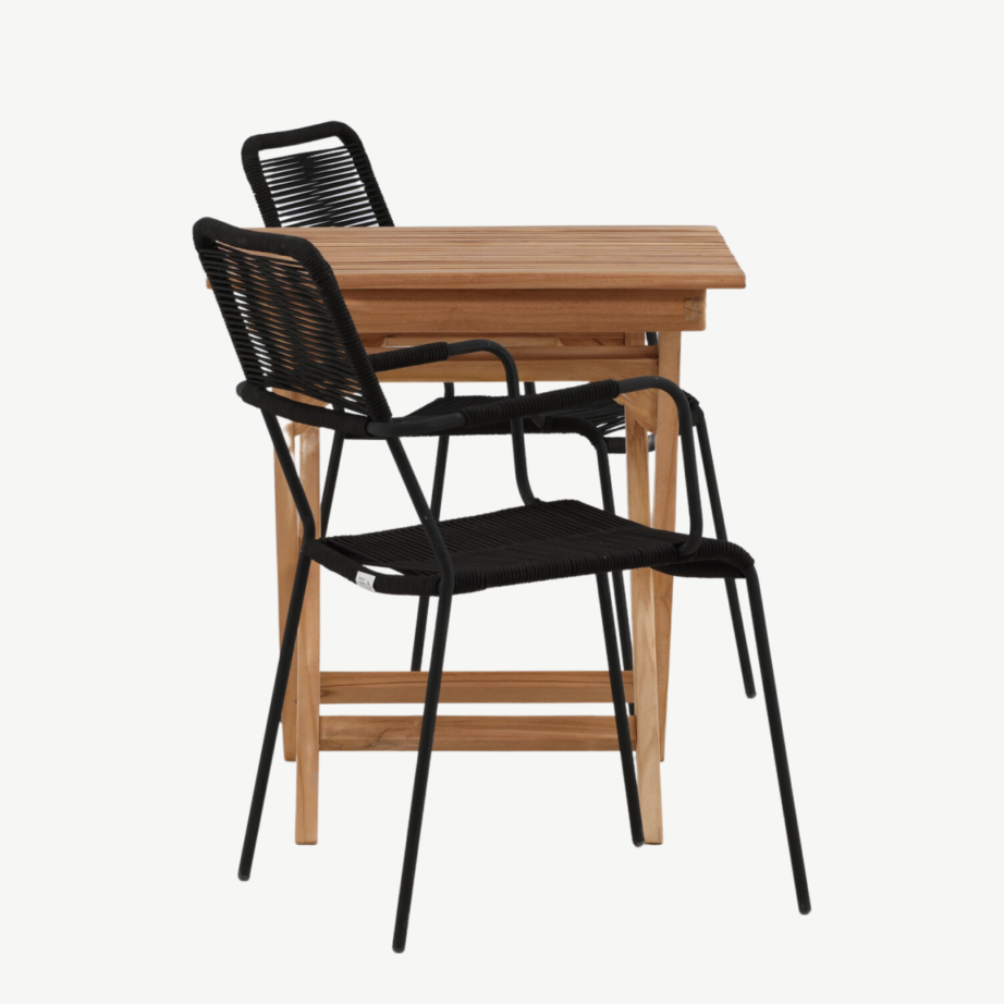 Kokkupandav tiigipuust aialaud ja mustad Lindos köiest toolid (2 tk) – Ghana kollektsioon, GR22779 – 2