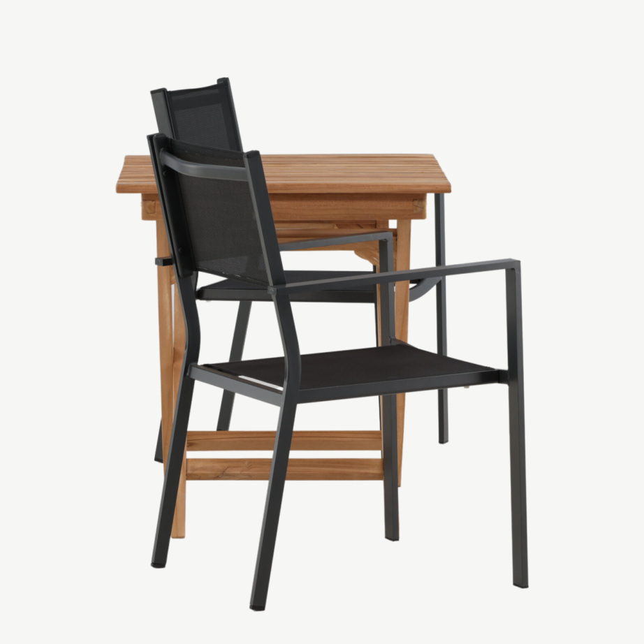 Kokkupandav tiigipuust aiamööbli komplekt Ghana, laud 70×70 cm ja 2 musta Copacabana tooli, GR22781 – 2