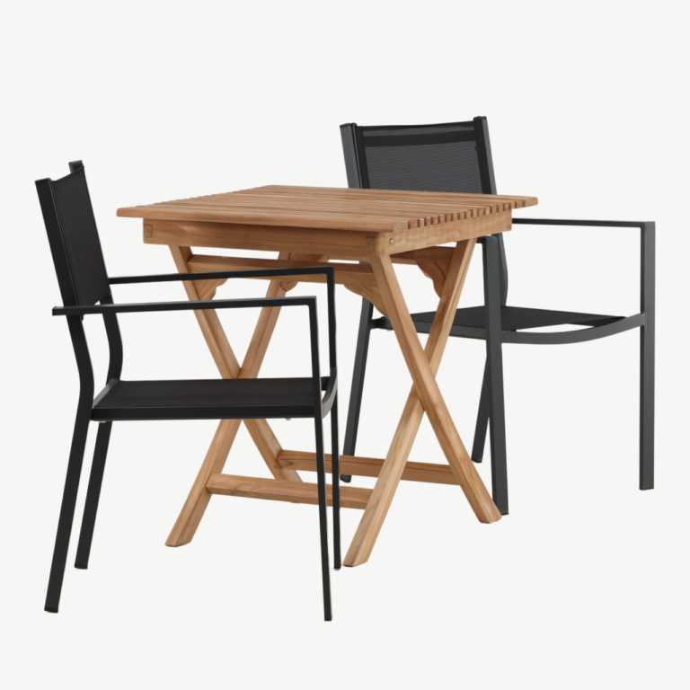 Kokkupandav tiigipuust aiamööbli komplekt Ghana, laud 70x70 cm ja 2 musta Copacabana tooli - GR22781