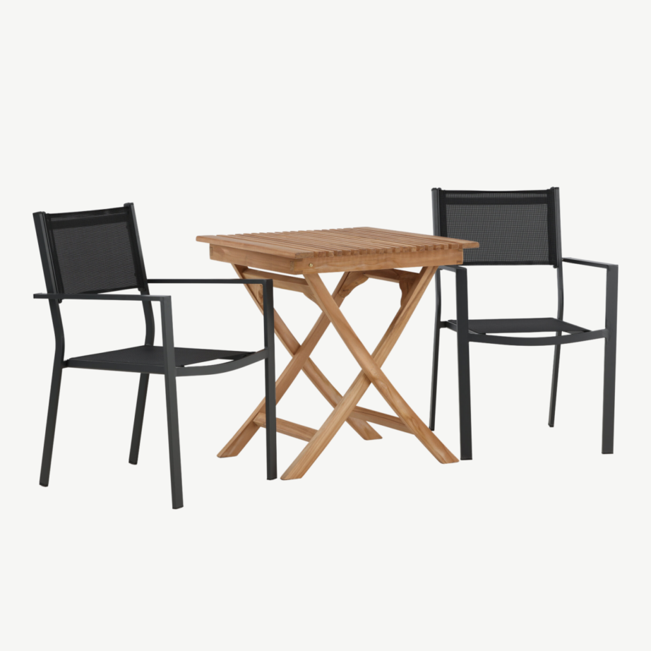 Kokkupandav tiigipuust aiamööbli komplekt Ghana, laud 70×70 cm ja 2 musta Copacabana tooli, GR22781 – 4