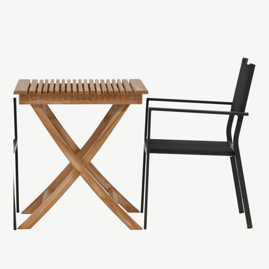 Kokkupandav tiigipuust aiamööbli komplekt Ghana, laud 70×70 cm ja 2 musta Copacabana tooli, GR22781 – 5