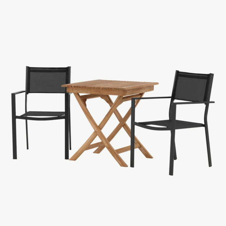 Kokkupandav tiigipuust aiamööbli komplekt Ghana, laud 70x70 cm ja 2 musta Copacabana tooli - GR22781