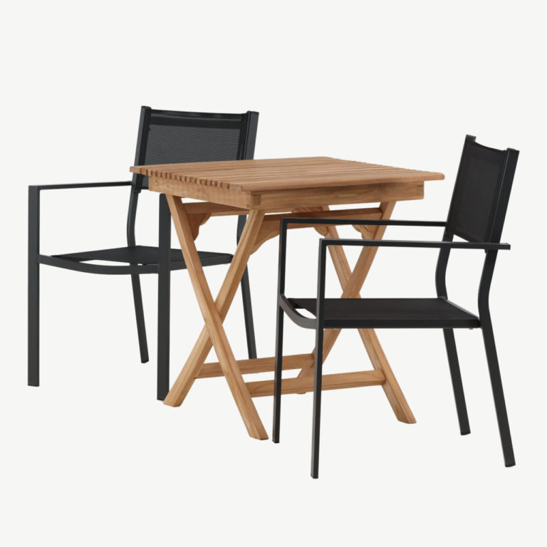 Kokkupandav tiigipuust aiamööbli komplekt Ghana, laud 70x70 cm ja 2 musta Copacabana tooli - GR22781