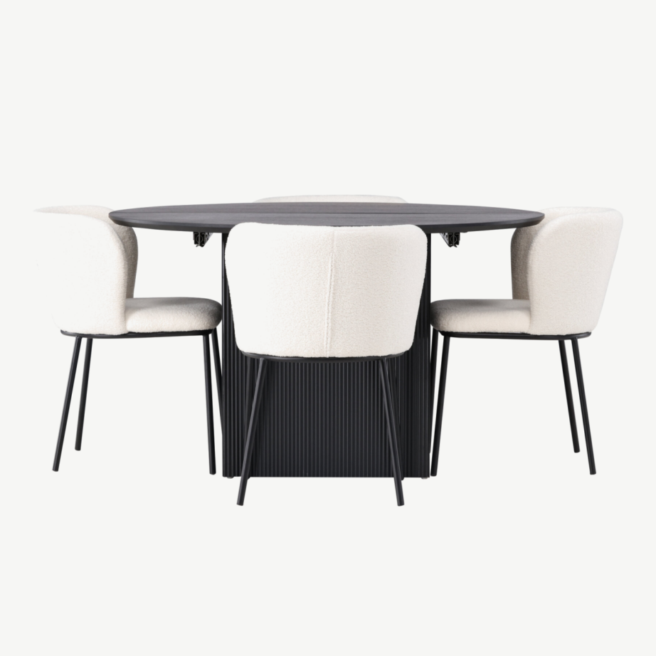 Laiendatav must söögilaud Matilda ja valged buklee kangast toolid Edina (komplekt, ø130cm), GR23533 – 3