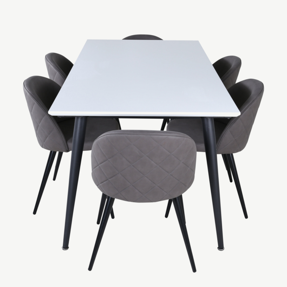 Laiendatav söögilauakomplekt Jimmy valge HPL lauaplaadi ja 6 halli mikrokiust tooliga, GR22300 – 2