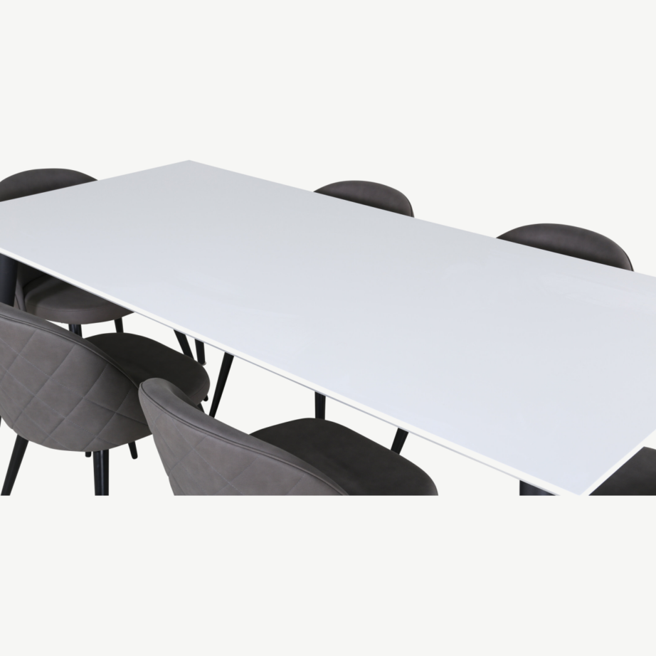 Laiendatav söögilauakomplekt Jimmy valge HPL lauaplaadi ja 6 halli mikrokiust tooliga, GR22300 – 3