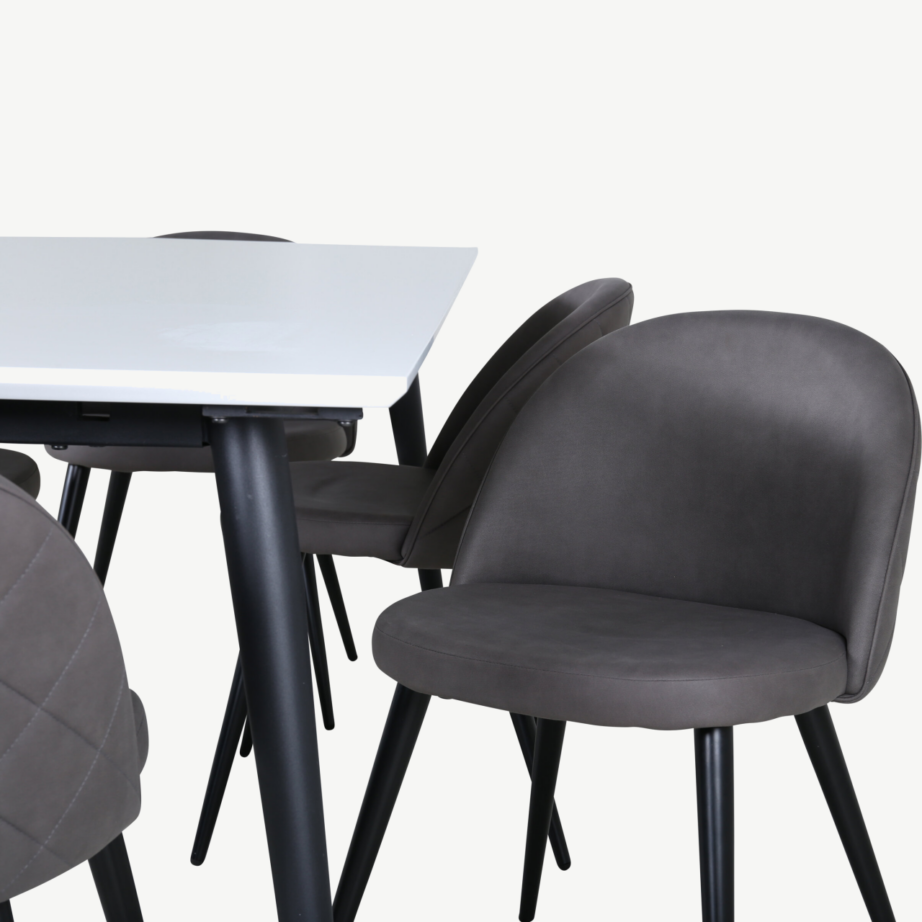 Laiendatav söögilauakomplekt Jimmy valge HPL lauaplaadi ja 6 halli mikrokiust tooliga, GR22300 – 4