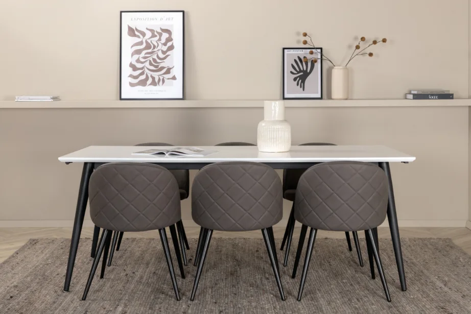 Laiendatav söögilauakomplekt Jimmy valge HPL lauaplaadi ja 6 halli mikrokiust tooliga, GR22300 – 5