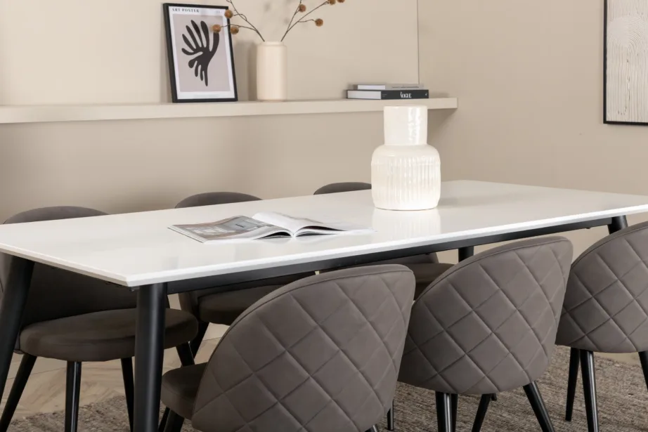 Laiendatav söögilauakomplekt Jimmy valge HPL lauaplaadi ja 6 halli mikrokiust tooliga, GR22300 – 7