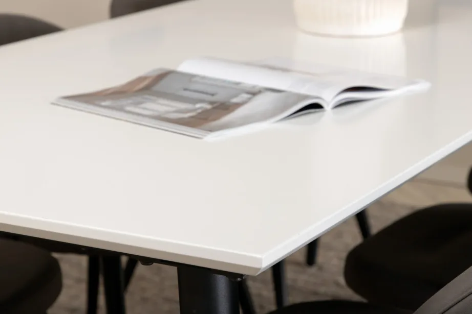 Laiendatav söögilauakomplekt Jimmy valge HPL lauaplaadi ja 6 halli mikrokiust tooliga, GR22300 – 8