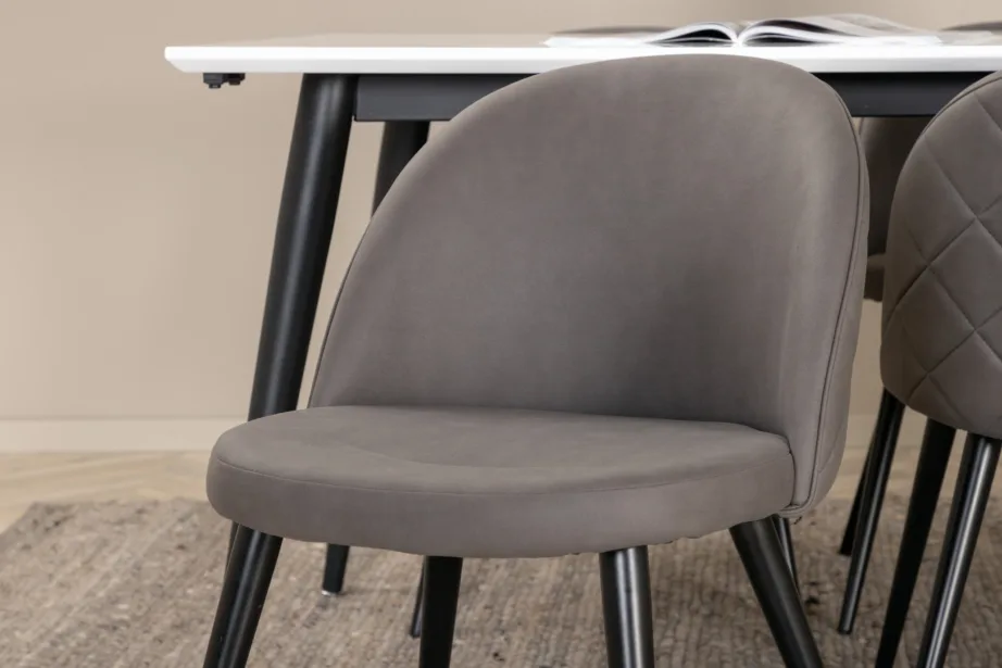 Laiendatav söögilauakomplekt Jimmy valge HPL lauaplaadi ja 6 halli mikrokiust tooliga, GR22300 – 9