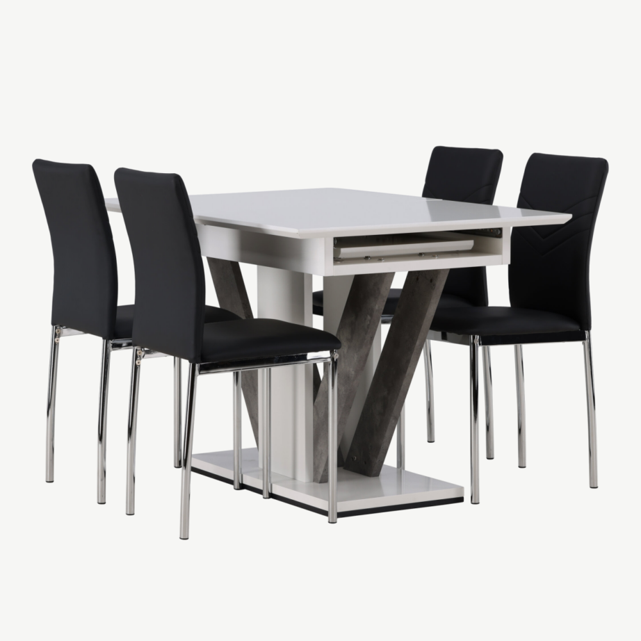 Laiendatav söögilaud DISA ja Lily toolid (valge/hall laud, mustad toolid), GR23588 – 4