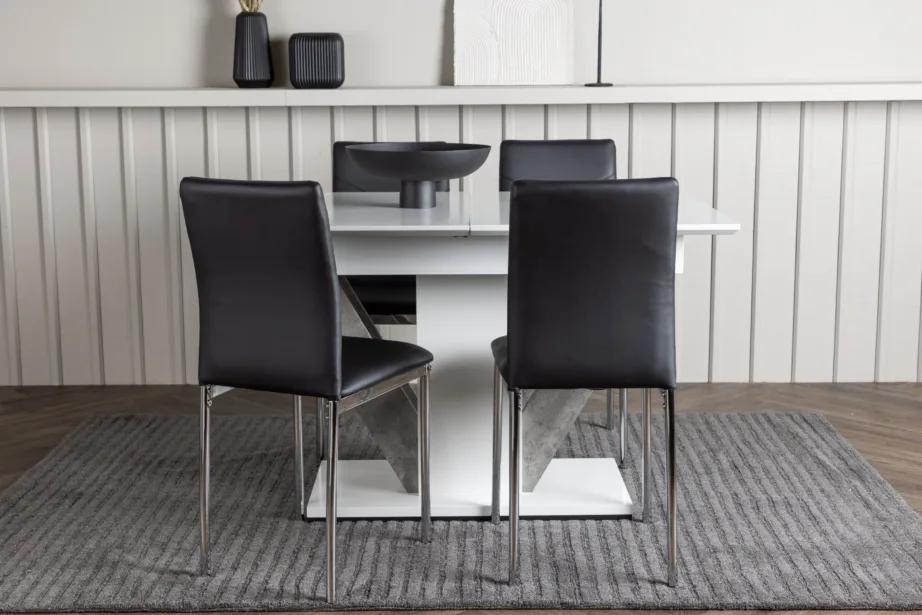 Laiendatav söögilaud DISA ja Lily toolid (valge/hall laud, mustad toolid), GR23588 – 5