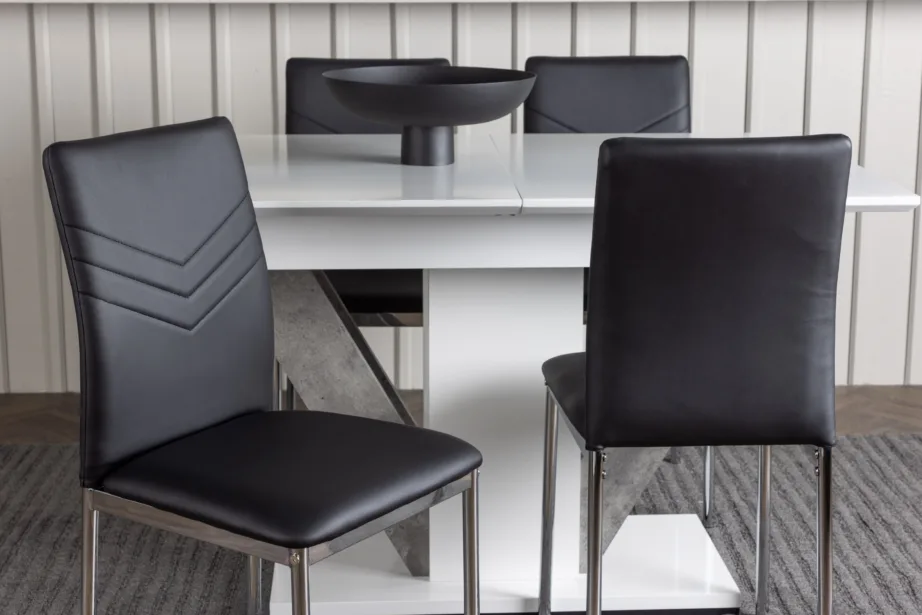 Laiendatav söögilaud DISA ja Lily toolid (valge/hall laud, mustad toolid), GR23588 – 6