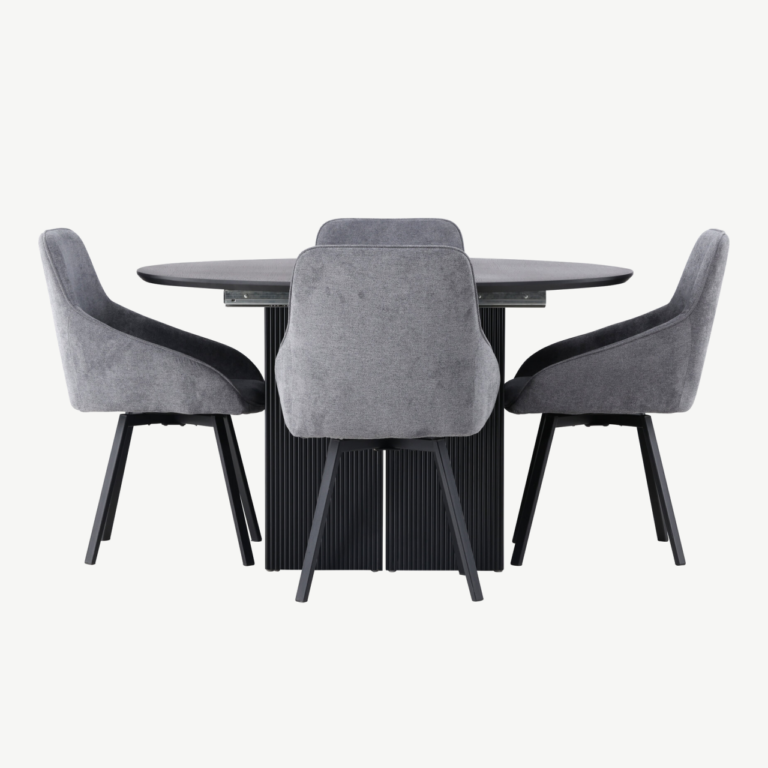 Laiendatav ümmargune söögilaud Matilda ja hall polsterdatud tool Rosie (must MDF, diameeter 130 cm) - GR23534
