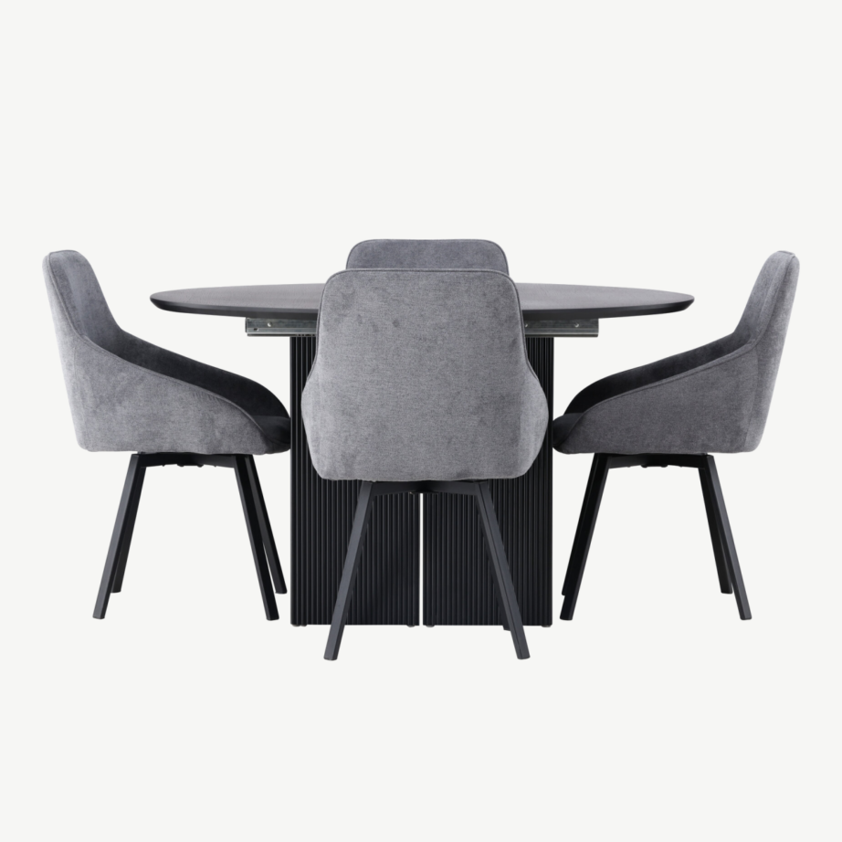 Laiendatav ümmargune söögilaud Matilda ja hall polsterdatud tool Rosie (must MDF, diameeter 130 cm), GR23534 – 2