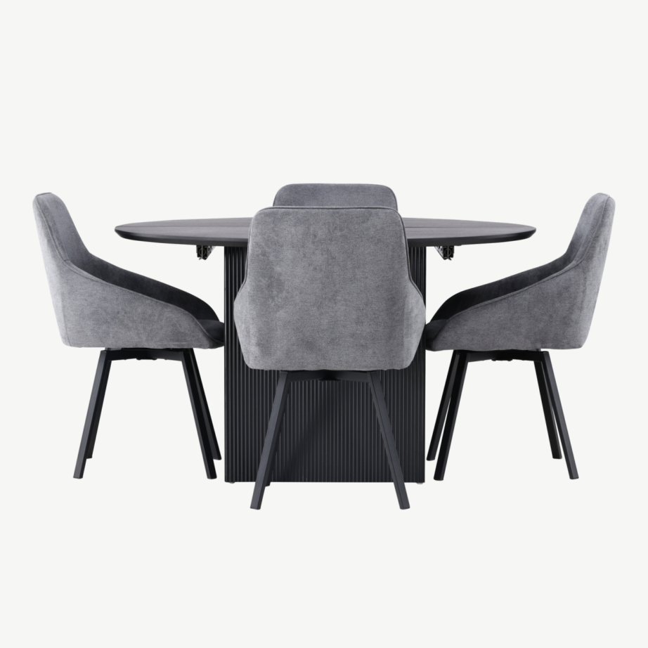 Laiendatav ümmargune söögilaud Matilda ja hall polsterdatud tool Rosie (must MDF, diameeter 130 cm), GR23534 – 3