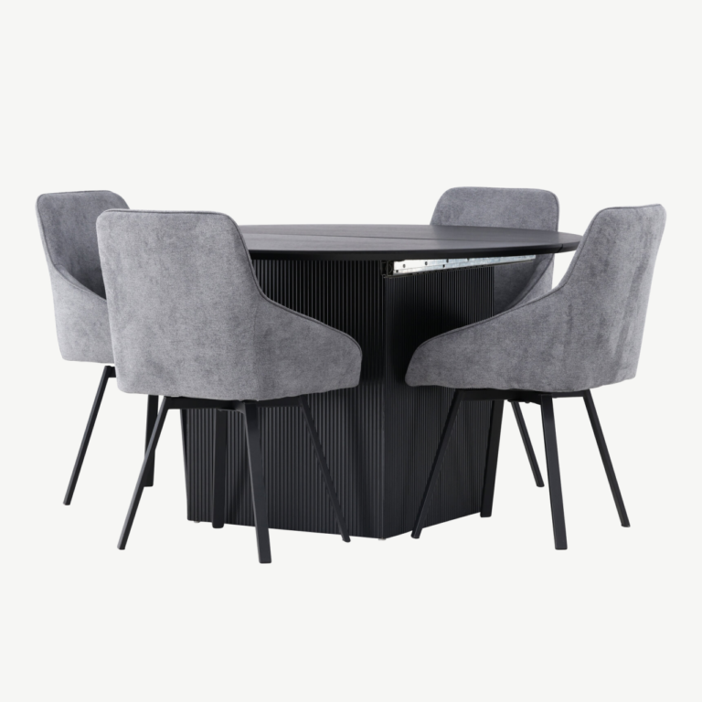 Laiendatav ümmargune söögilaud Matilda ja hall polsterdatud tool Rosie (must MDF, diameeter 130 cm) - GR23534