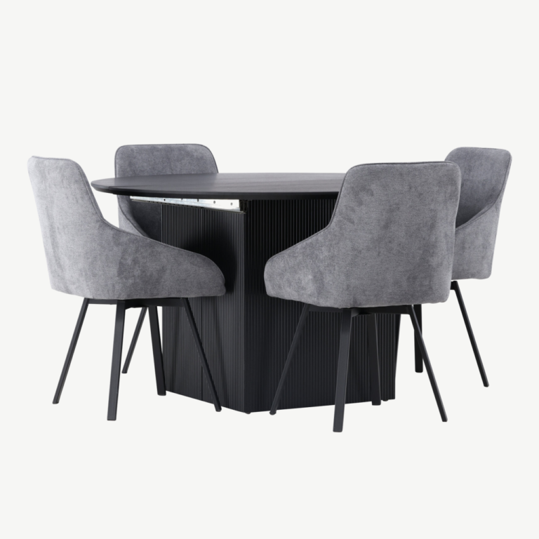 Laiendatav ümmargune söögilaud Matilda ja hall polsterdatud tool Rosie (must MDF, diameeter 130 cm) - GR23534