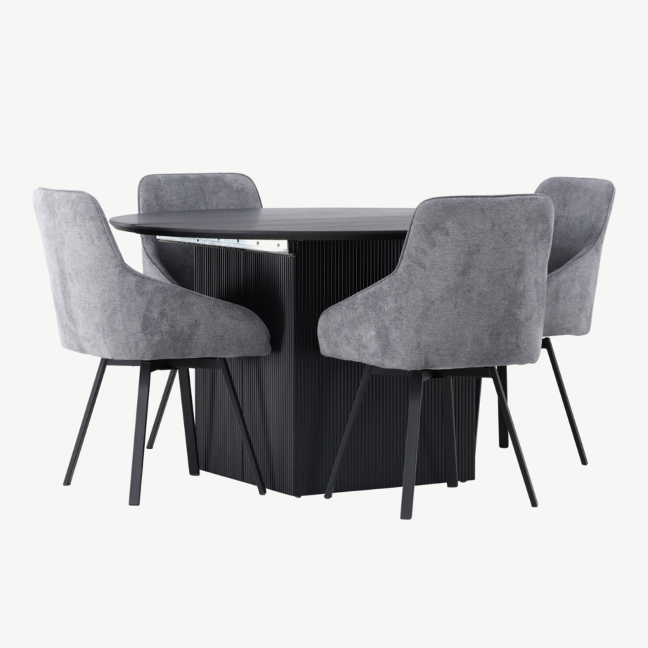 Laiendatav ümmargune söögilaud Matilda ja hall polsterdatud tool Rosie (must MDF, diameeter 130 cm), GR23534 – 4