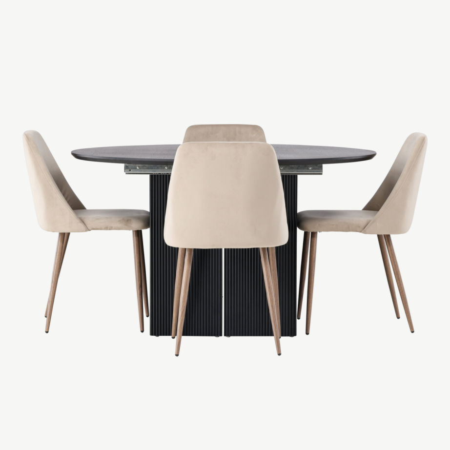 Laiendatav ümmargune söögilaud Matilda ja pruunid Night söögitoolid (4 tk), must MDF, pähklitooni detailid, GR23539 – 2