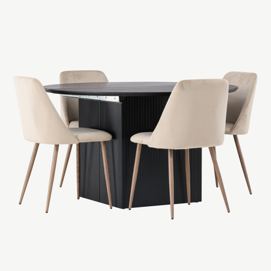 Laiendatav ümmargune söögilaud Matilda ja pruunid Night söögitoolid (4 tk), must MDF, pähklitooni detailid, GR23539 – 4