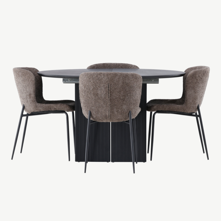 Laiendatav ümmargune söögilaud Matilda ja tumehallid buklee toolid Modesto (must MDF, 130 cm) - GR23548