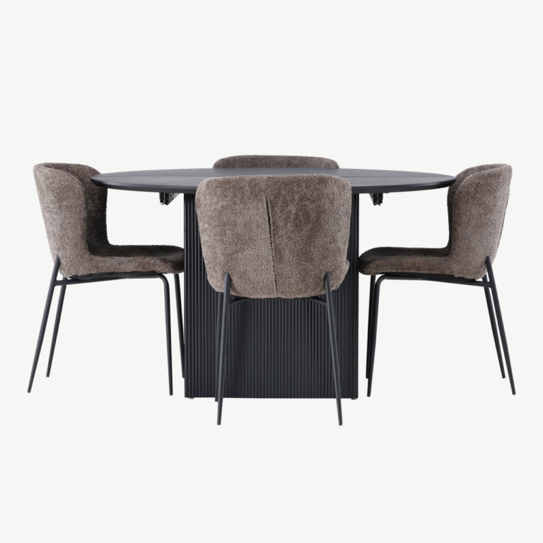 Laiendatav ümmargune söögilaud Matilda ja tumehallid buklee toolid Modesto (must MDF, 130 cm) - GR23548