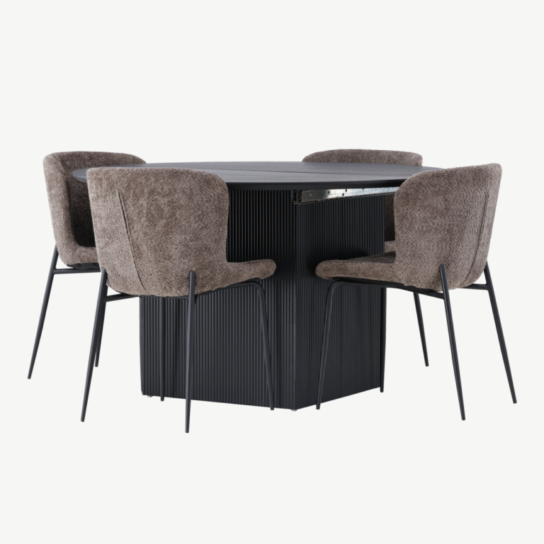 Laiendatav ümmargune söögilaud Matilda ja tumehallid buklee toolid Modesto (must MDF, 130 cm) - GR23548