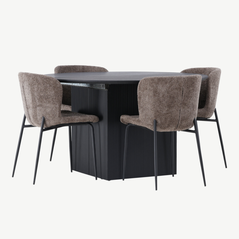 Laiendatav ümmargune söögilaud Matilda ja tumehallid buklee toolid Modesto (must MDF, 130 cm) - GR23548