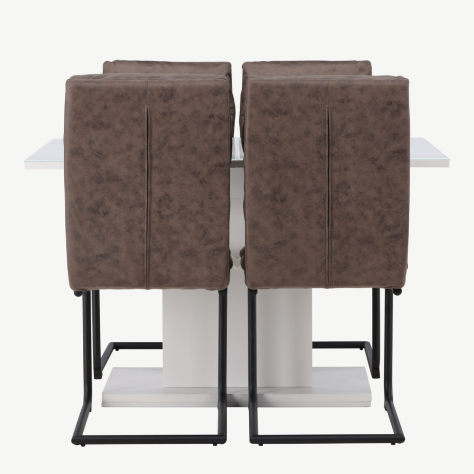 Laiendatav valge klaasiga söögilaud Pluto ja pruunid mikrokiudkattega Zizo toolid, GR23601 – 2