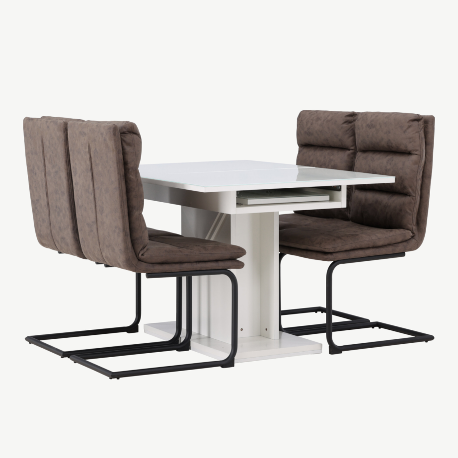Laiendatav valge klaasiga söögilaud Pluto ja pruunid mikrokiudkattega Zizo toolid, GR23601 – 4