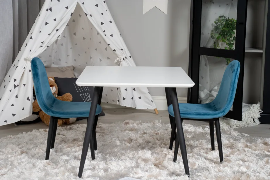 Lastesöögikomplekt Polar: valge MDF laud ja sinised velvetist toolid, GR24152 – 4