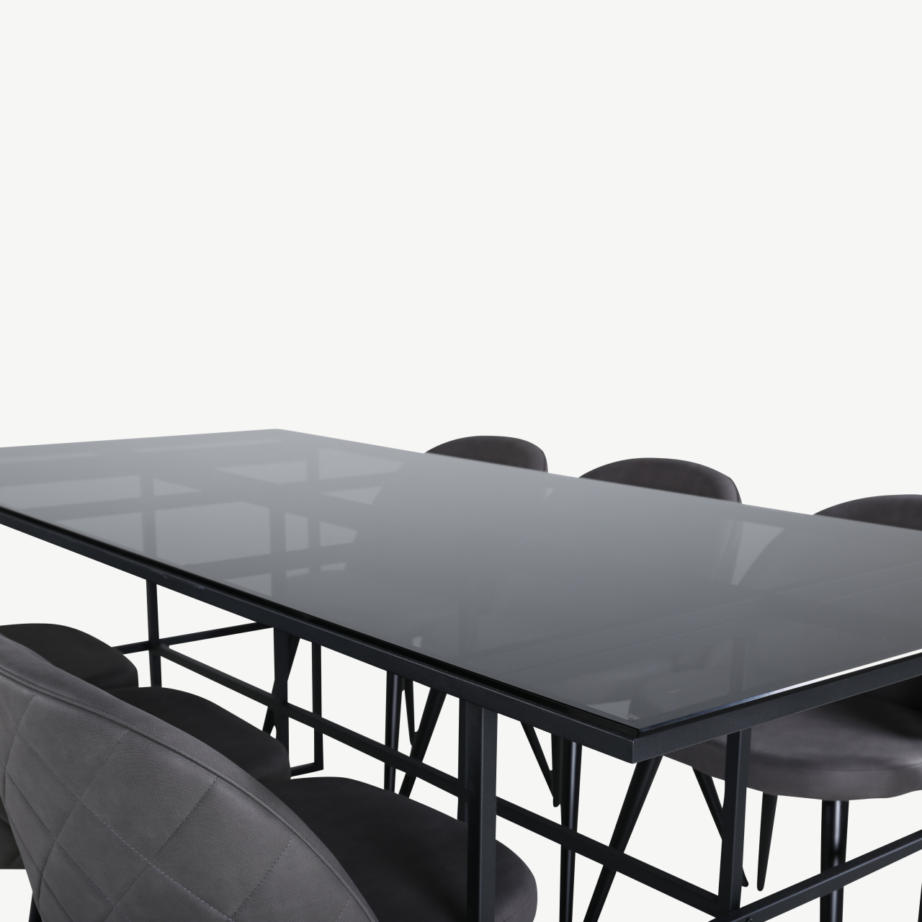 Leif söögilaud musta klaasplaadi ja 6 halli sametist tooliga, GR22142 – 3