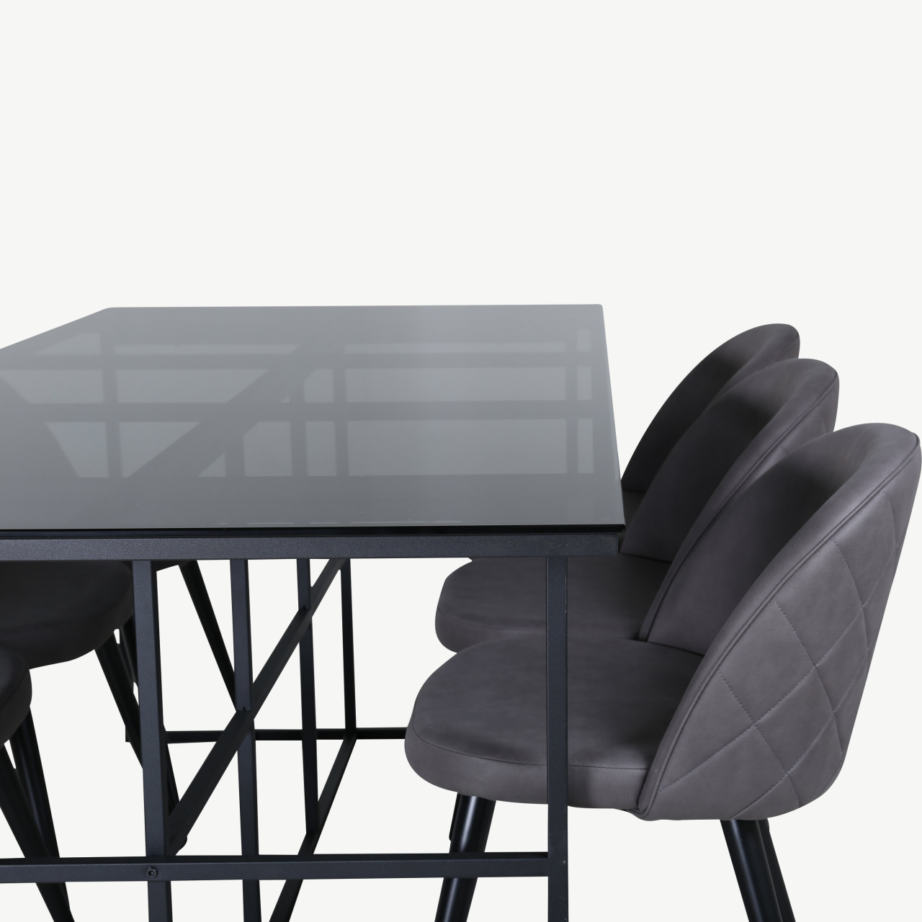 Leif söögilaud musta klaasplaadi ja 6 halli sametist tooliga, GR22142 – 4