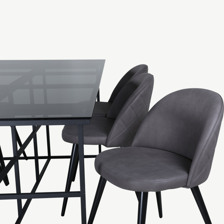 Leif söögilaud musta klaasplaadi ja 6 halli sametist tooliga, GR22142 – 5