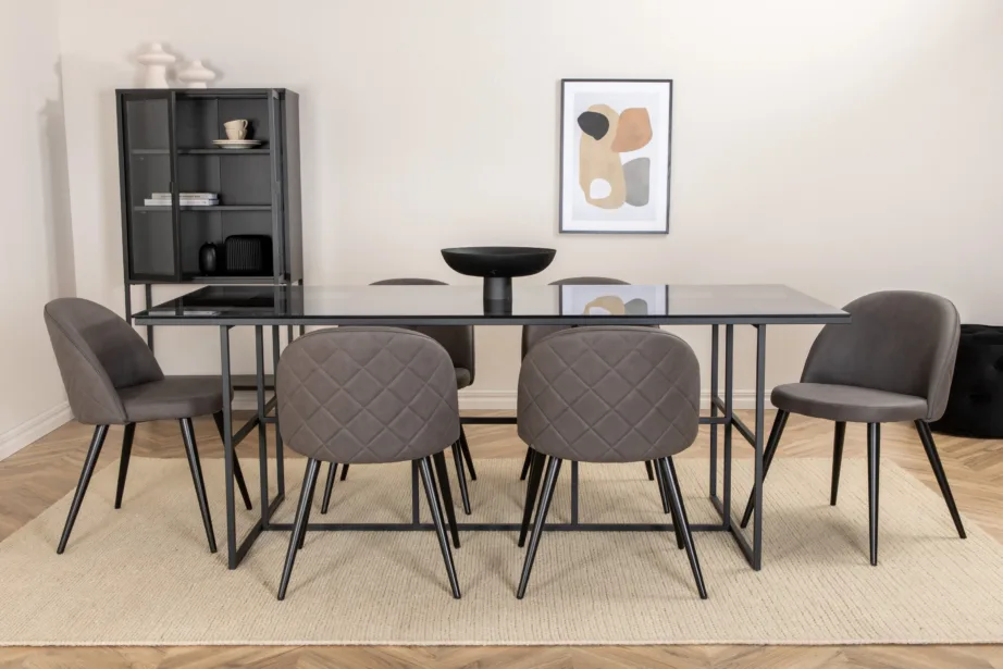 Leif söögilaud musta klaasplaadi ja 6 halli sametist tooliga, GR22142 – 6
