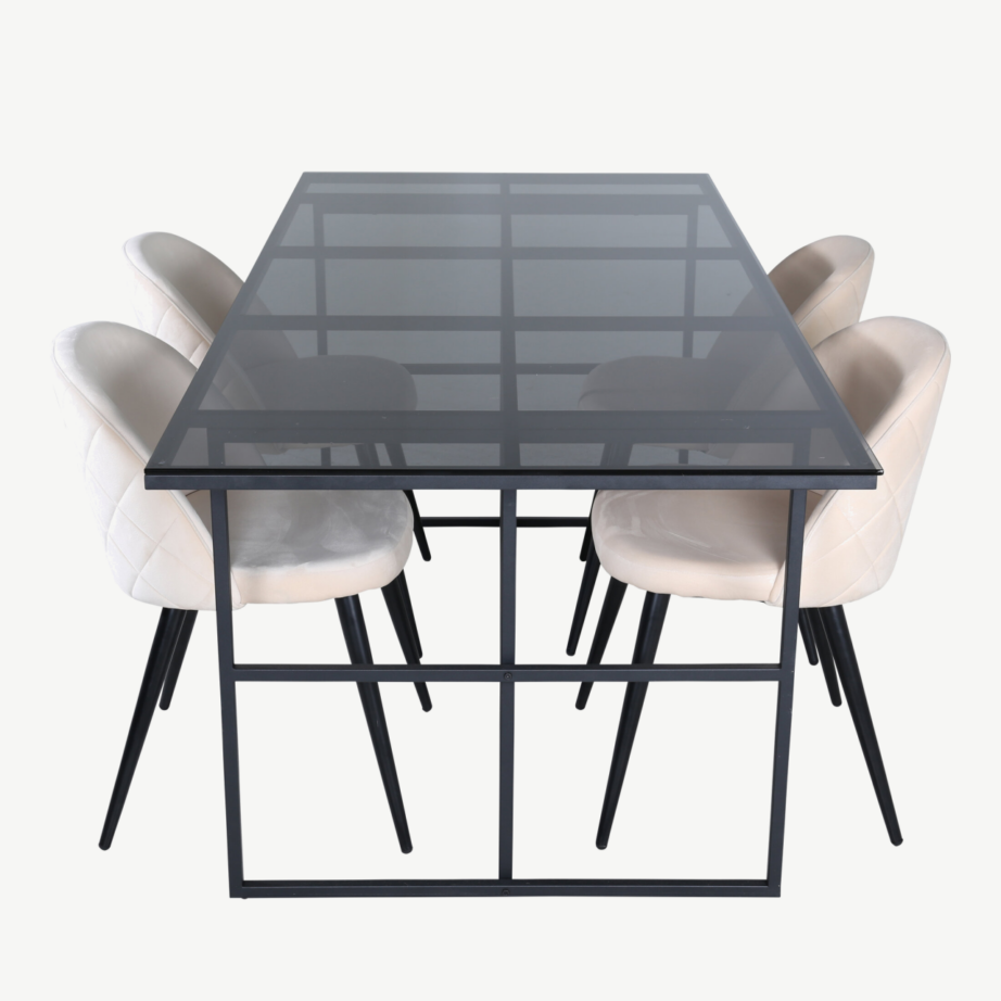 Leif söögilaud suitsumustast klaasist ja beeži sametiga toolid (4 tk), GR22388 – 2