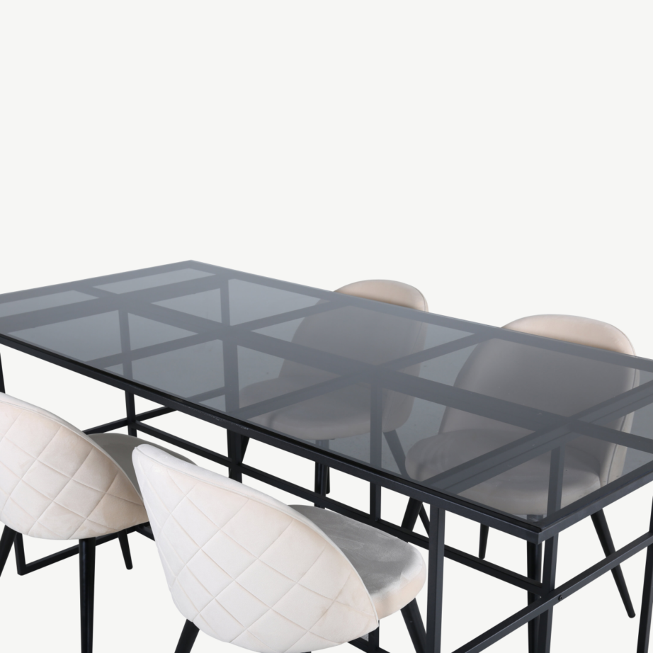 Leif söögilaud suitsumustast klaasist ja beeži sametiga toolid (4 tk), GR22388 – 3