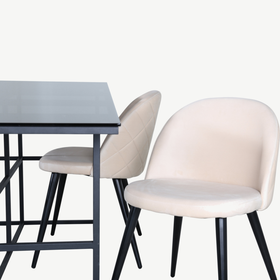 Leif söögilaud suitsumustast klaasist ja beeži sametiga toolid (4 tk), GR22388 – 4