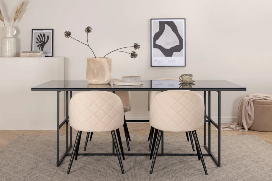 Leif söögilaud suitsumustast klaasist ja beeži sametiga toolid (4 tk), GR22388 – 5