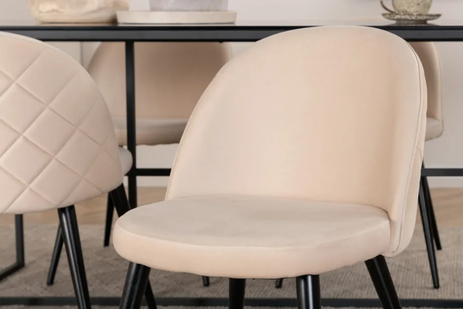 Leif söögilaud suitsumustast klaasist ja beeži sametiga toolid (4 tk), GR22388 – 8