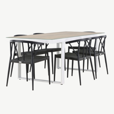 Merlo söögikomplekt välitingimustesse (alumiinium, valge laud, mustad punutud toolid, 6 tk) - GR24326