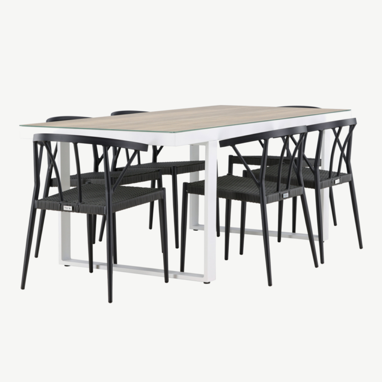 Merlo söögikomplekt välitingimustesse (alumiinium, valge laud, mustad punutud toolid, 6 tk) - GR24326