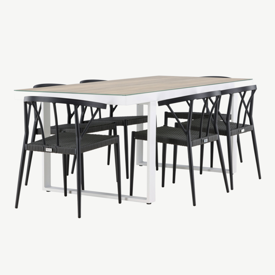 Merlo söögikomplekt välitingimustesse (alumiinium, valge laud, mustad punutud toolid, 6 tk), GR24326